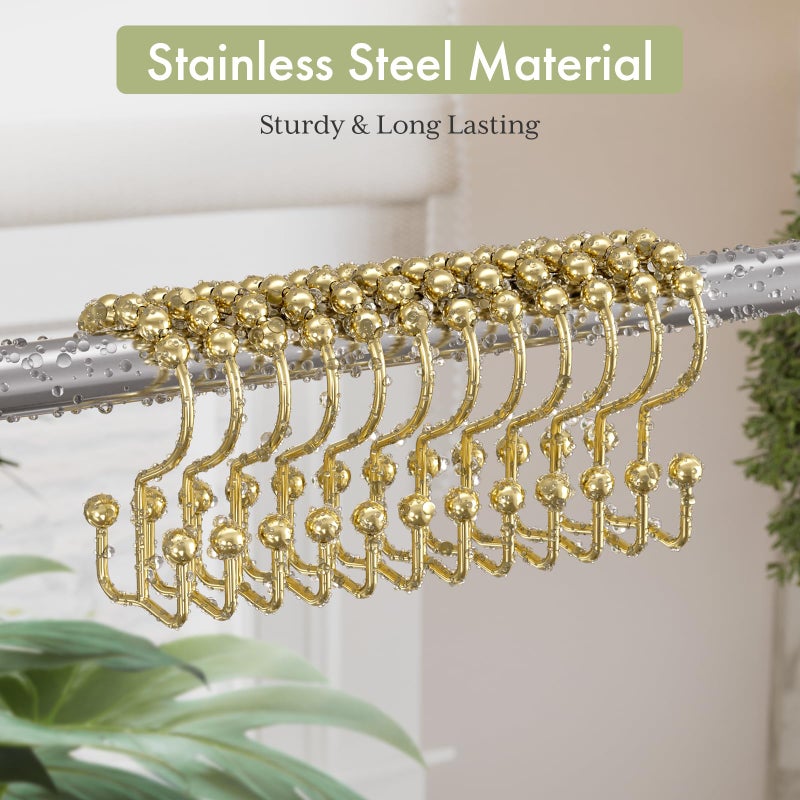 Amazer Gold Shower Curtain Hooks Rings, Stainless Steel Shower Curtain Rings, 12Pcs Double Glide Shower Hooks for Bathroom Shower Curtain Rods Dual Rust-Resistant Shower Rings - Image 3